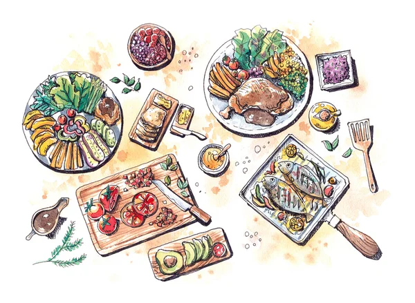 sağlıklı gıda yemek düz ayarlamak suluboya resim koymak