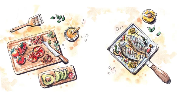 Alimentos saludables preparan, asan pescado en aceite de oliva y tomate fresco — Foto de Stock
