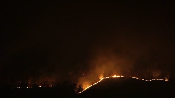 Fuego forestal sobre la cima de la montaña por la noche. Desastre por conflagración — Vídeo de stock