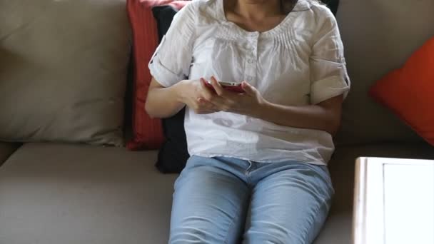 Joyeuses vacances d'été fille se détendre en utilisant un smartphone dans un siège coloré de station tropicale — Video