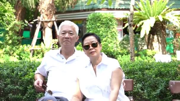 Азиатские старшие пары остаются вместе на природе. Разговаривать и трогать с любовью — стоковое видео