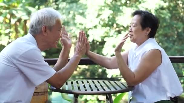 Asiático casal feliz alta cinco e mantenha as mãos no fundo natureza verde — Vídeo de Stock