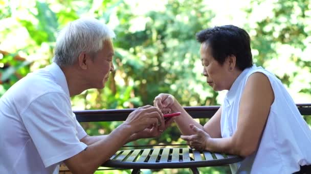 Asian senior couple playing game together on smart phone having fun winning in park — Stock Video