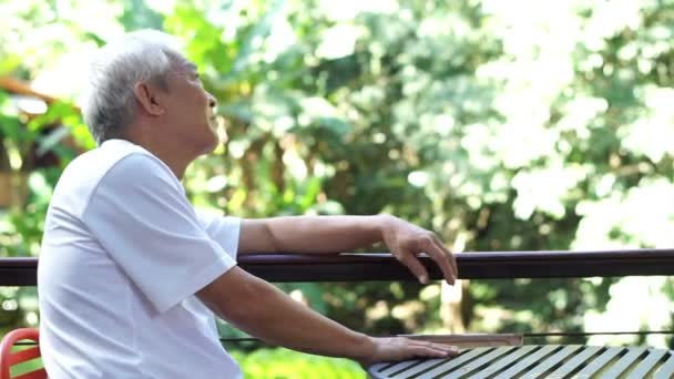 Asian senior guy thinking happy in green nature seat — Stock Video