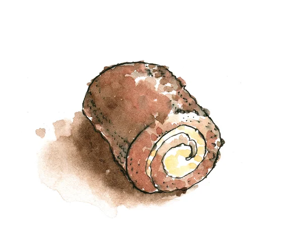 Cream stuffed Hokkaido chocolate roll watercolour illustration — Stock Photo, Image