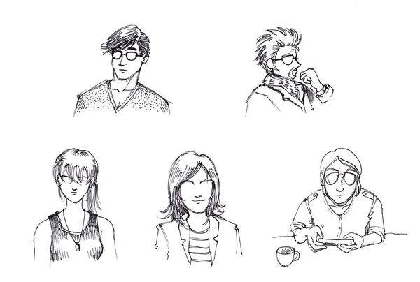 Chracters of people in different style pen drawing illustration — Stock Photo, Image