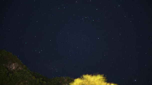 Natthimlen med stjärnor vrida utrymme astrofotografering tid förflutit. Berg och träd förgrunden — Stockvideo