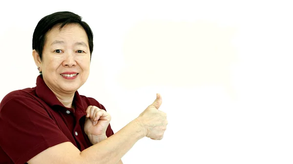 Jempol senior asia tersenyum pada latar belakang putih yang terisolasi — Stok Foto