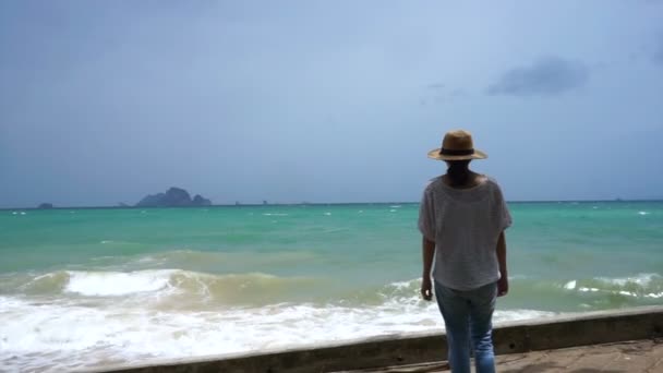 Menina de pé ao lado da onda de tempestade no mar tropical, problemas, problema abstrato — Vídeo de Stock