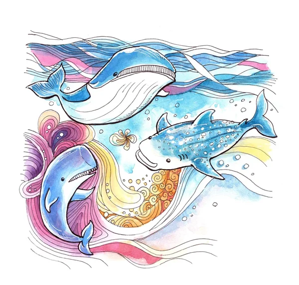 Peinture aquarelle colorée aux baleines avec backgr abstrait en mouvement — Photo
