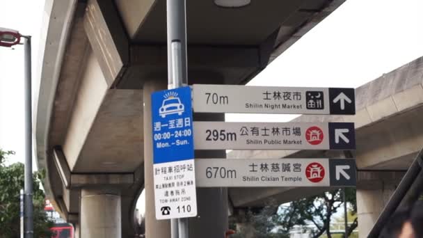 Taipei, Tchaj-wan: Únor 2016: značení Shilin night trhu od stanice metra. Dav pěší turistické místo — Stock video