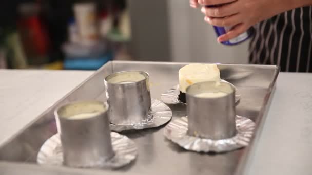 Rozmrożone sera ciasto piekarni formy ze stali nierdzewnej z gotowania palnika palnik — Wideo stockowe
