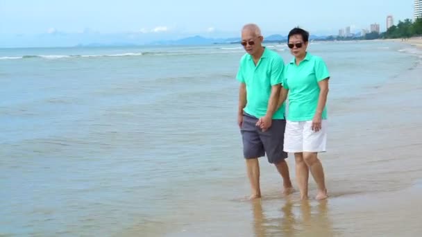 Aposentado ásia sênior casal andando no tropical praia manhã com bonito céu — Vídeo de Stock