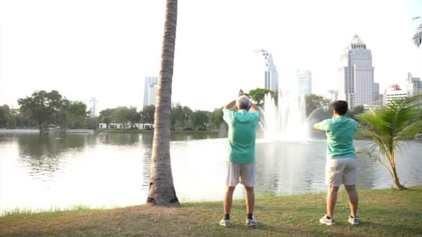 Video de Asiático Senior Pareja de ancianos hacer ejercicio al aire libre con el lago y el parque de la ciudad de fondo. Amor abstracto salud y naturaleza — Vídeo de stock