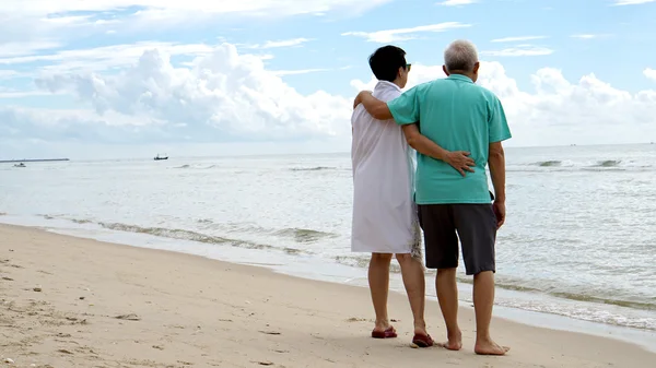 Asya kıdemli çift birlikte sahilde deniz kenarında yürüyüş