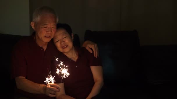 アジアのシニア カップル再生の花火、花火、夜の火のクラッカー。生命を祝うコンセプト — ストック動画