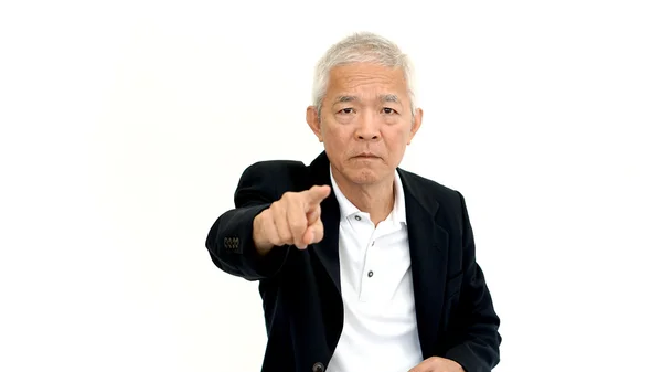 Asiatische Senior Business-Mann im Anzug zeigt mit verärgerten expre — Stockfoto