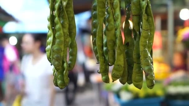 Вонючие бобы, бобы Сато или семена Parkia speciosa, свисающие на этом рынке — стоковое видео