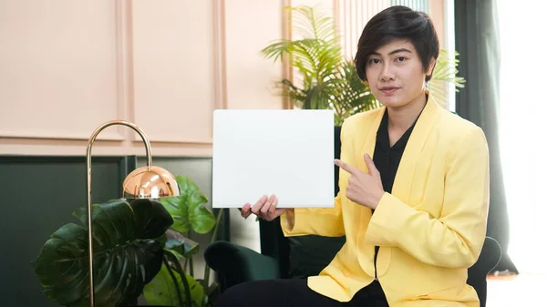 Working Asian Smart Woman Yellow Suit Holding White Copy Space — Stock Photo, Image