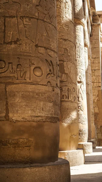 Karnak Tapınağı 'nın dev sütunları boyama ve hiyeroglif oyma detaylarıyla büyük ölçekli mimar.