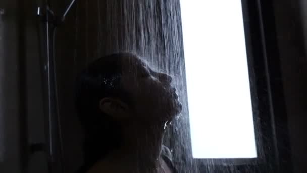 Asian Woman Showering Facing Rain Shower Bathroom Close Super Slow — Stock Video
