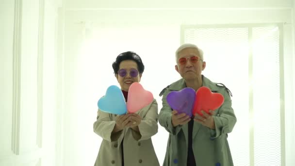 Ασιατικό Ζευγάρι Ηλικιωμένων Γιορτάζει Καρδιές Αγαπούν Την Ευτυχία Και Ζωή — Αρχείο Βίντεο