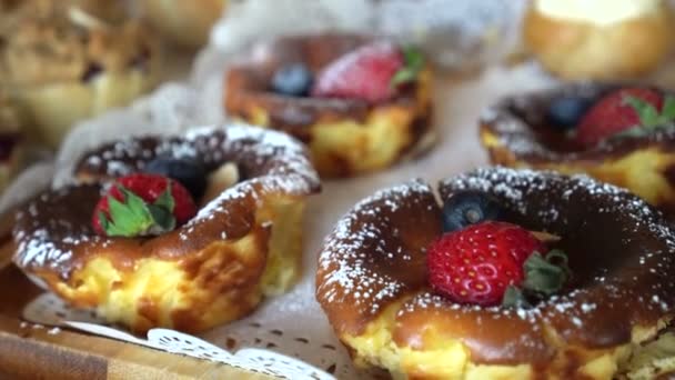 Delicious Looking Chocolate Tart Berries Beautiful French Dessert — Stok Video