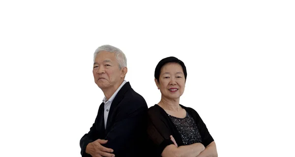 Asijské Starší Pár Obleku Rodinný Obchod Pozadí Kopírovat Prostor — Stock fotografie