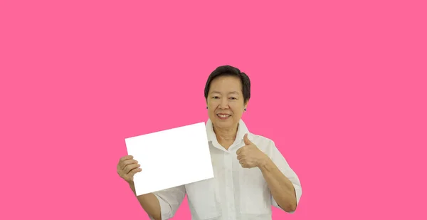 Ázsiai Idősebb Kezében Fehér Tábla Helyet Boldog Reklám Javaslat Kéz — Stock Fotó