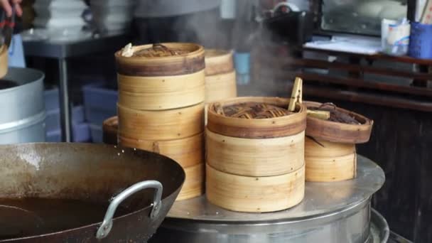 Vapor Dim Sum Bambu Recipiente Camada Pilha Chinês Cantonês Famosa — Vídeo de Stock