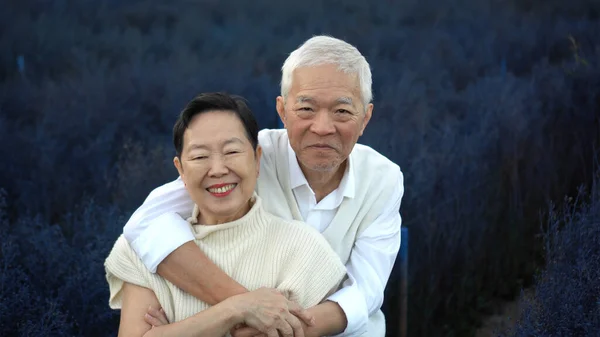 Asiatisches Seniorenpaar Umarmt Dating Jubiläum Lila Blumenfeld — Stockfoto