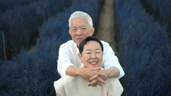 亚洲资深夫妇在紫花田拥抱相亲周年纪念日 — 图库照片