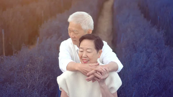 亚洲资深夫妇在紫花田拥抱相亲周年纪念日 — 图库照片