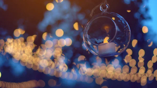 Bella Sera Ornamenti Vetro Festa Giardino Con Candela Bokeh Sfondo — Foto Stock