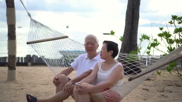 Azji Starszy Para Relaks Rozmowy Hamaku Nadmorskiej Emerytury — Wideo stockowe