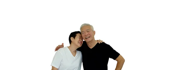 Pasangan Senior Asia Memeluk Spanduk Studio Dengan Ruang Kopu — Stok Foto