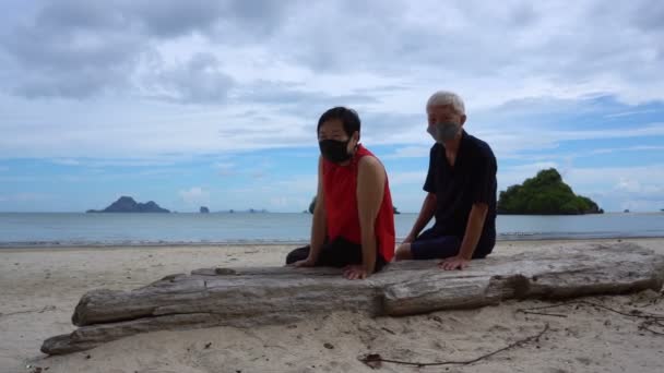 Asiático Casal Sênior Sentado Abraçando Praia Frente Waring Máscara Novo — Vídeo de Stock