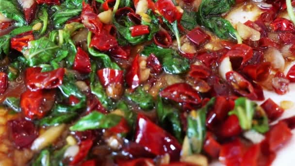 Close Thai Spices Local Taste Basil Garlic Chilli Stir Fried — Stock Video