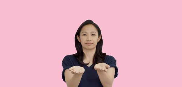 Friendly Mixed Race Casual Asian Mature Woman Presenting Gesture Copy — Stock Photo, Image