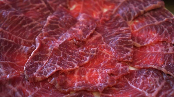 Close Full Plate Sliced Red Fat Beef Meat Asian Style — Stock Photo, Image