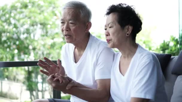 Азиатская Старшая Пара Утешает Обсуждать Проблемы Друг Другом — стоковое видео