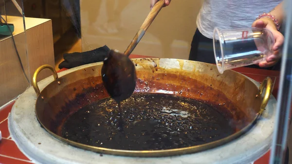 Making of burnt brown sugar boba tapioca milk tea shop in Hong Kong