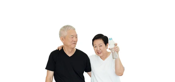 Asiático Casal Sênior Promover Água Potável Ficar Hidratado Para Estilo — Fotografia de Stock