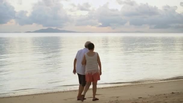 Asiatiska Äldre Par Promenader Soluppgång Strand Bakgrund Tillsammans Lycka Koncept — Stockvideo