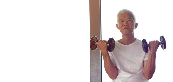 Asian Senior Man Training Weight Lift Strength Muscle Lifestyle Retirement — Stock Photo, Image
