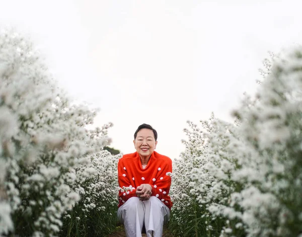 Aziatisch Senior Oudere Vrouw Glimlachen Vieren Kerstvakantie Seizoen Witte Bloem — Stockfoto