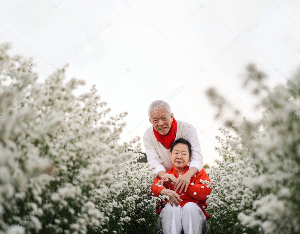 Asian senior elderly couple celebrating Christmas holiday season white flower and red sweater positive happiness emotion