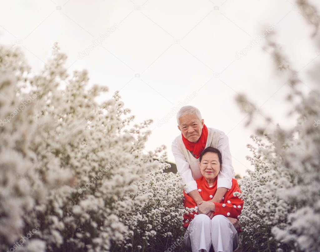 Asian senior elderly couple celebrating Christmas holiday season white flower and red sweater positive happiness emotion