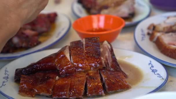 Gansos Carne Assada Cantoneses Sortidos Carne Porco Carne Porco Crocante — Vídeo de Stock