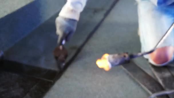 Bitumen roofing, asphalt installation with fire — Stock Footage Bitumen roofing, asphalt installation with fire Video Clip